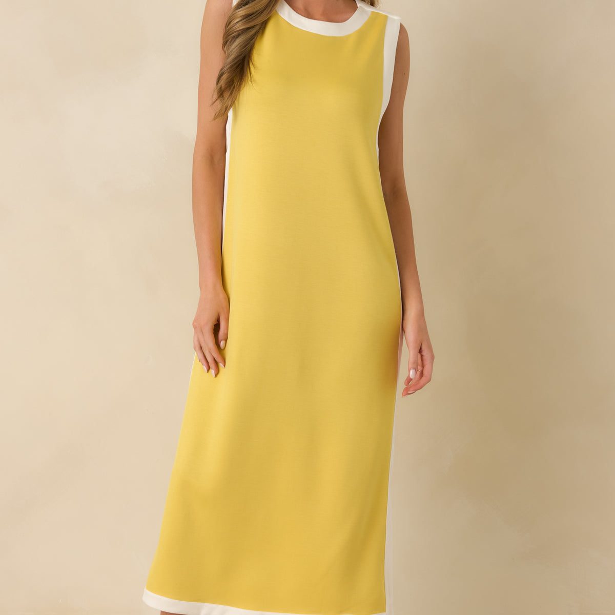 Women's Perfectly Framed Yellow Jersey Knit Contrast Trim Sleeveless Maxi Dress | Size: L