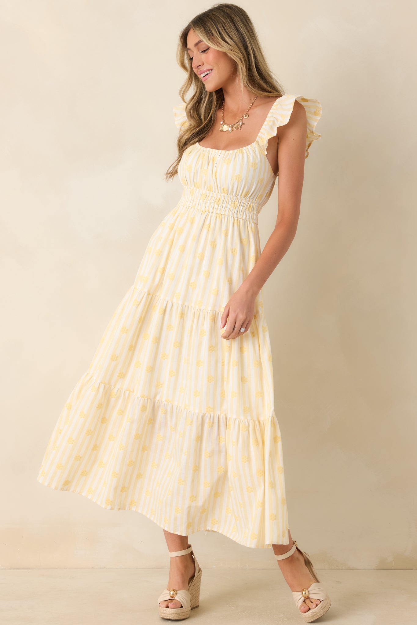 Women's Meadow Mornings Yellow Stripe Floral Embroidered Cotton Maxi Dress | Size: L