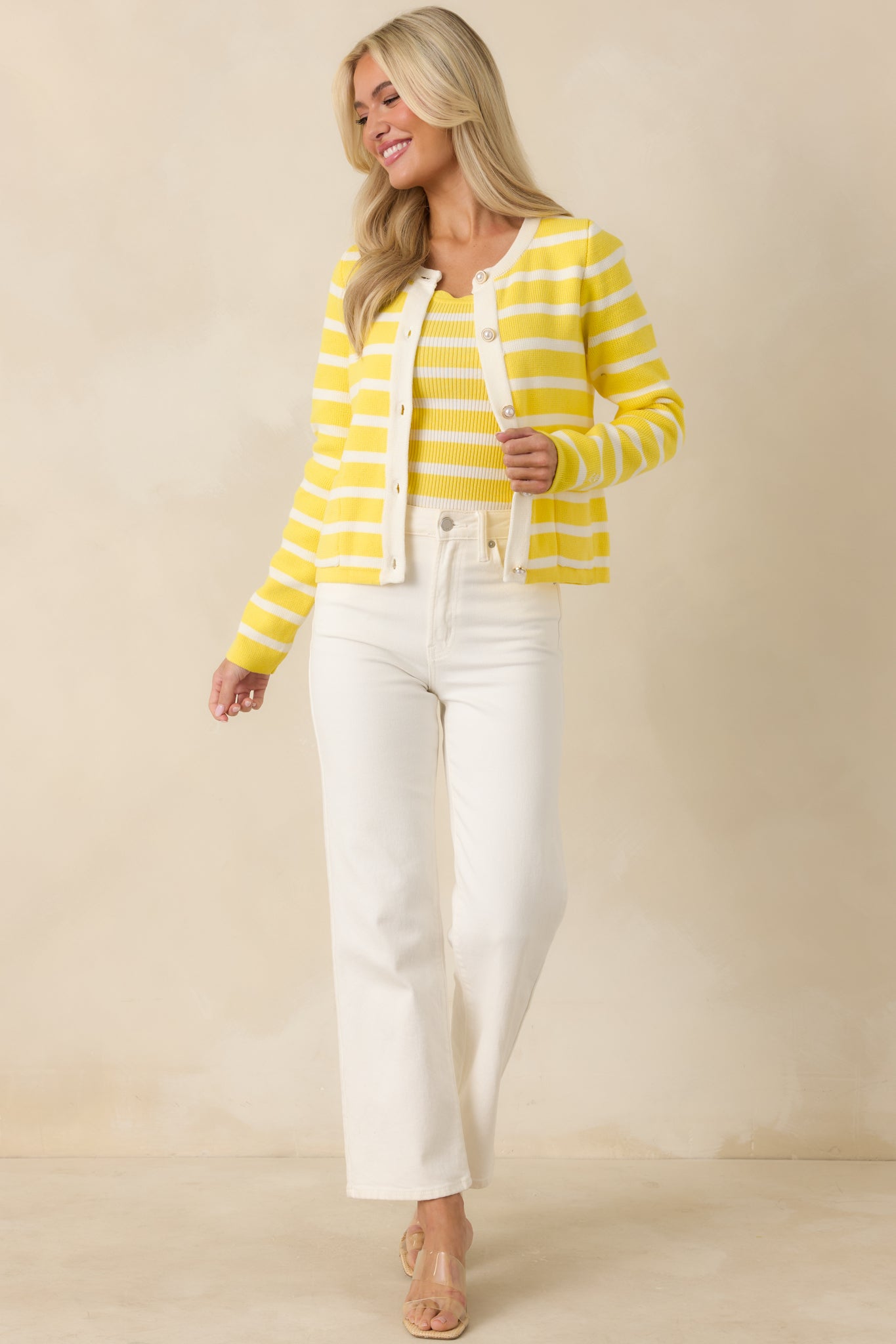 Front angle showcasing yellow and white stripe pattern with front patch pockets.
