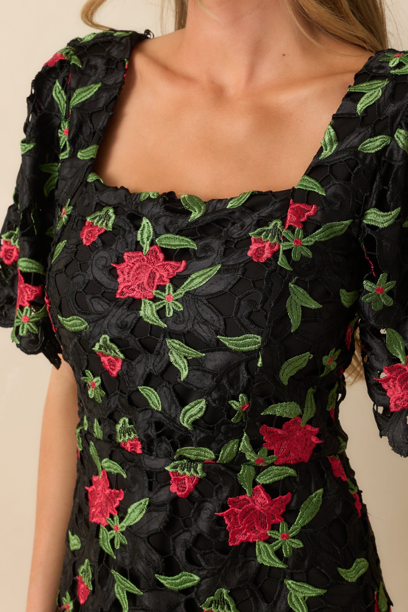 Black Lace Embroidered Mini Dress - All Dresses | Red Dress