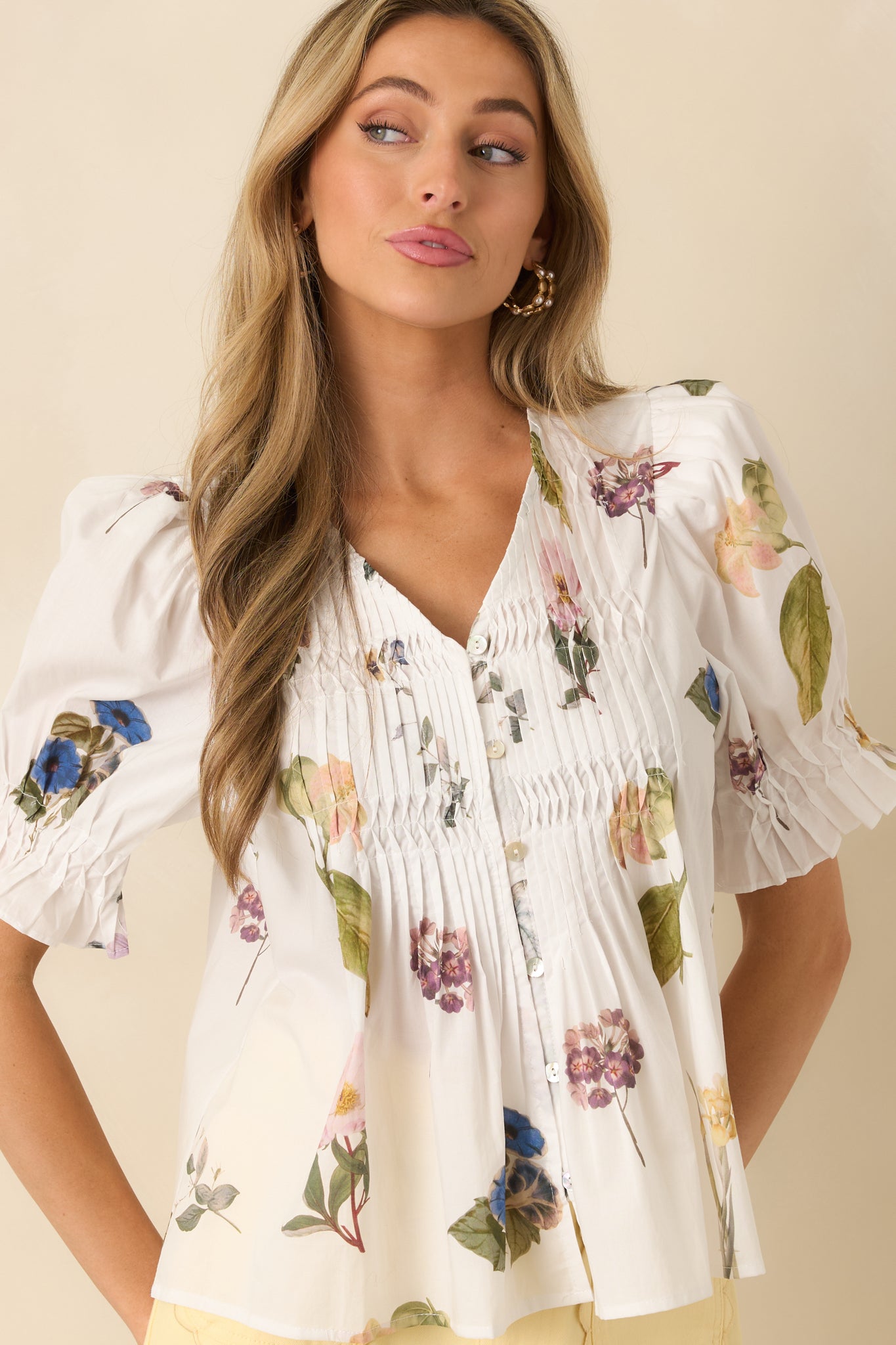 Ivory Multi Floral Print Pintuck Puff Sleeve Blouse - All Tops
