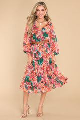 After Party Hours Green Floral Print Midi Dress - Red Dress