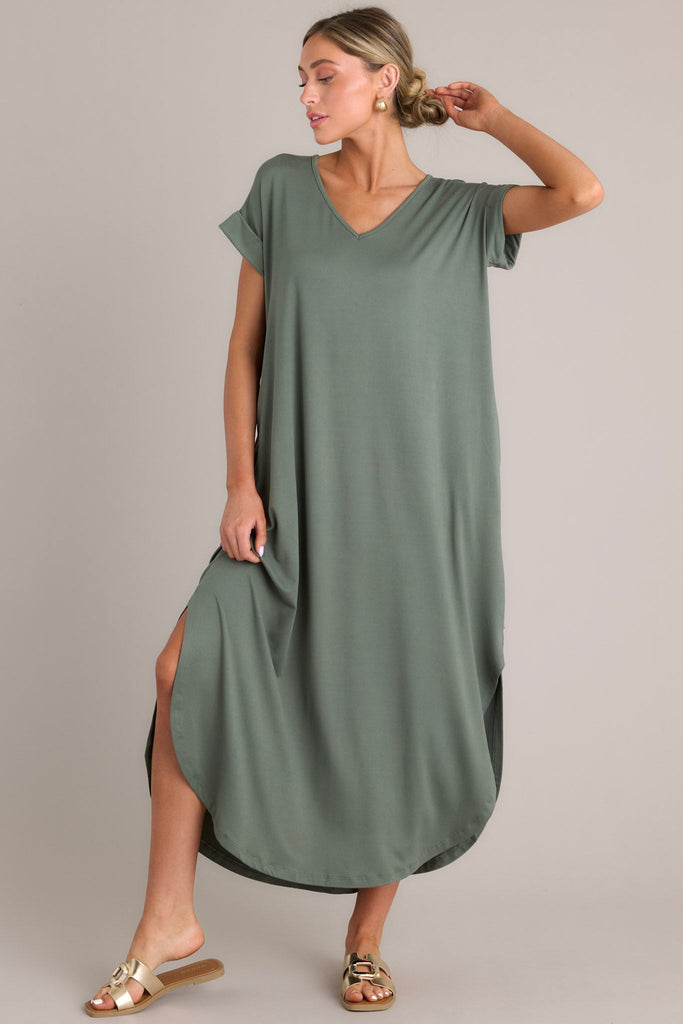 Olive Green Cotton Flax Scoop Neck Sleeveless Maxi Dress main image 0