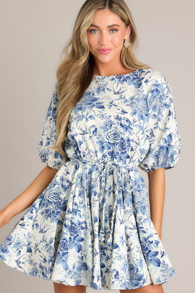 Ivory & Blue Floral Mini Dress - All Dresses Ivory & Blue Floral Mini Dress - All Dresses
