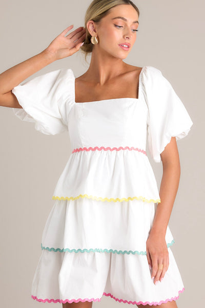 White Multi Ricrac Mini Dress - Short Sleeve Dresses | Red Dress