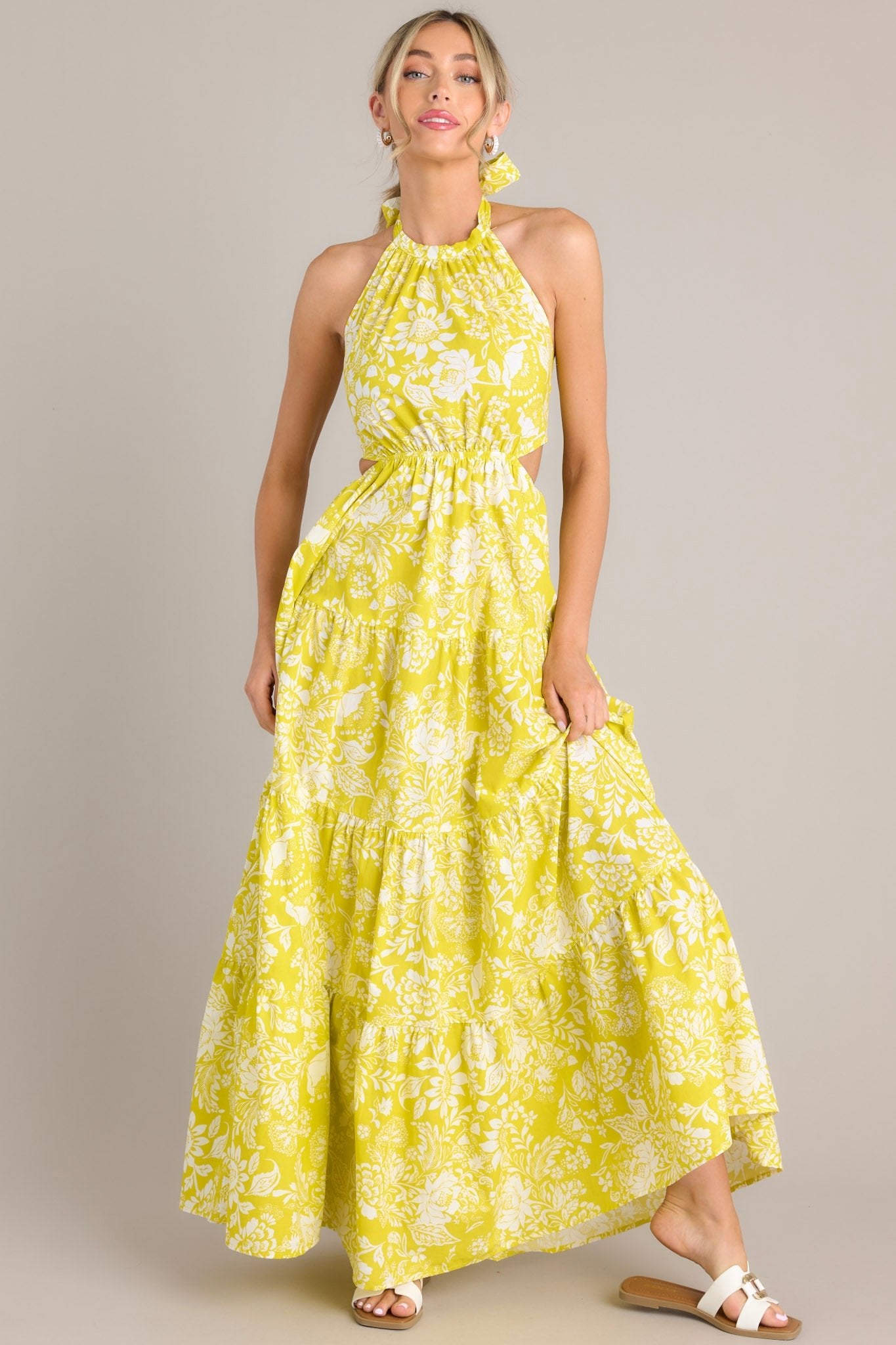 Yellow Floral Halter Maxi Dress - All Dresses | Red Dress