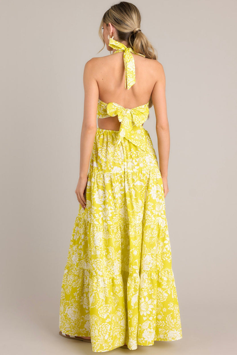 Floral Print Yellow Halter Maxi Dress