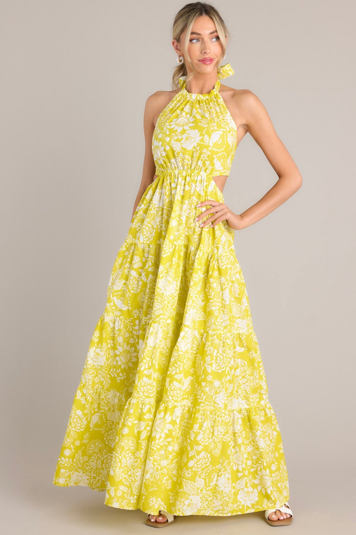 Yellow Floral Halter Maxi Dress - All Dresses | Red Dress