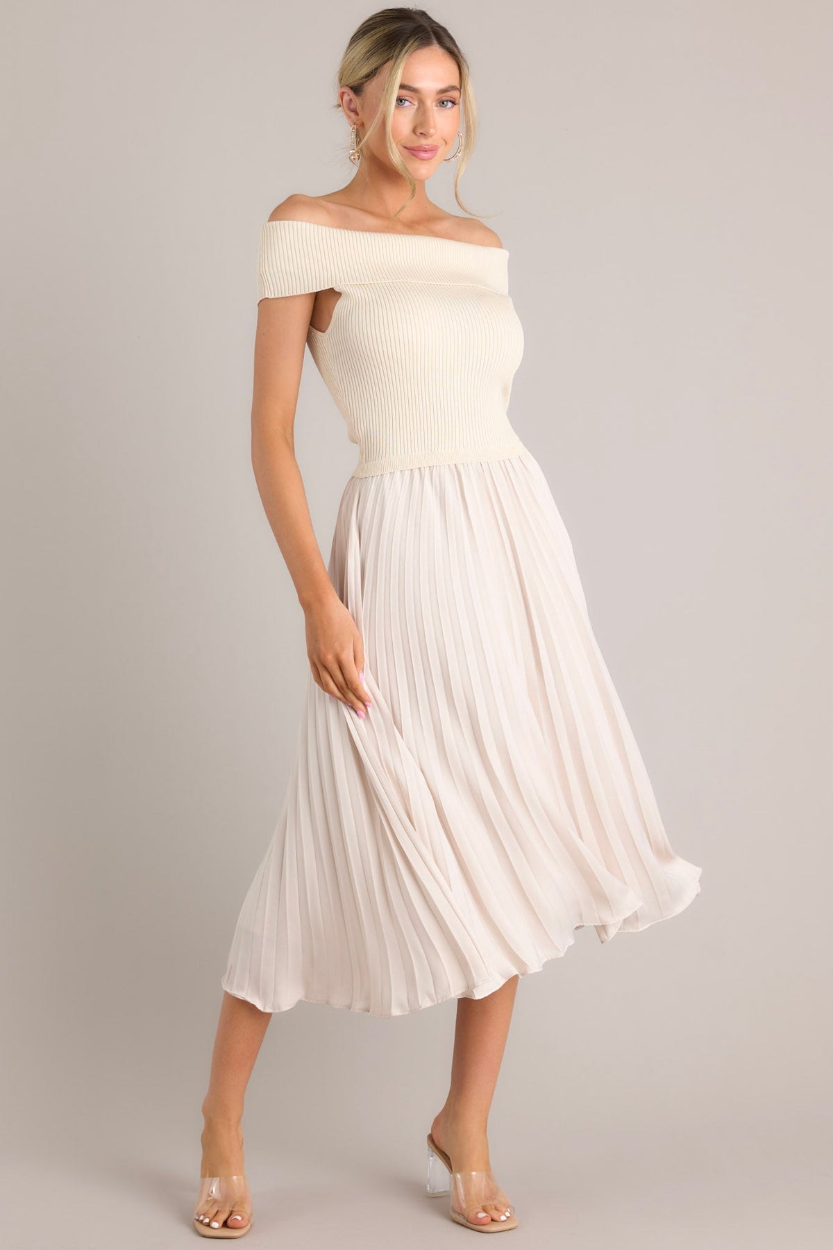 Beige Pleated Midi Dress