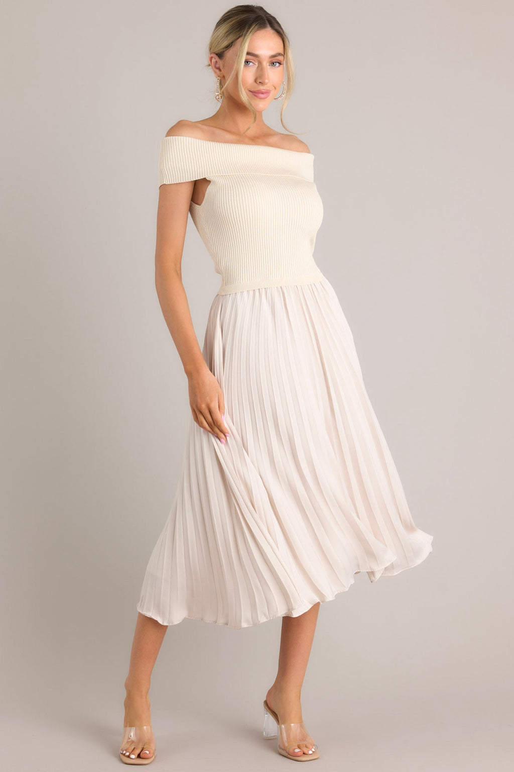 Beige Pleated Midi Dress - All Dresses | Red Dress