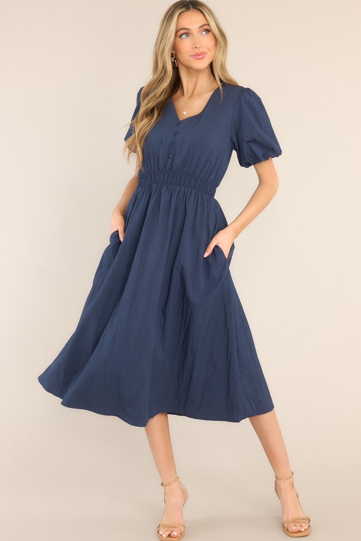 Navy Blue Short Sleeve Midi Dress
