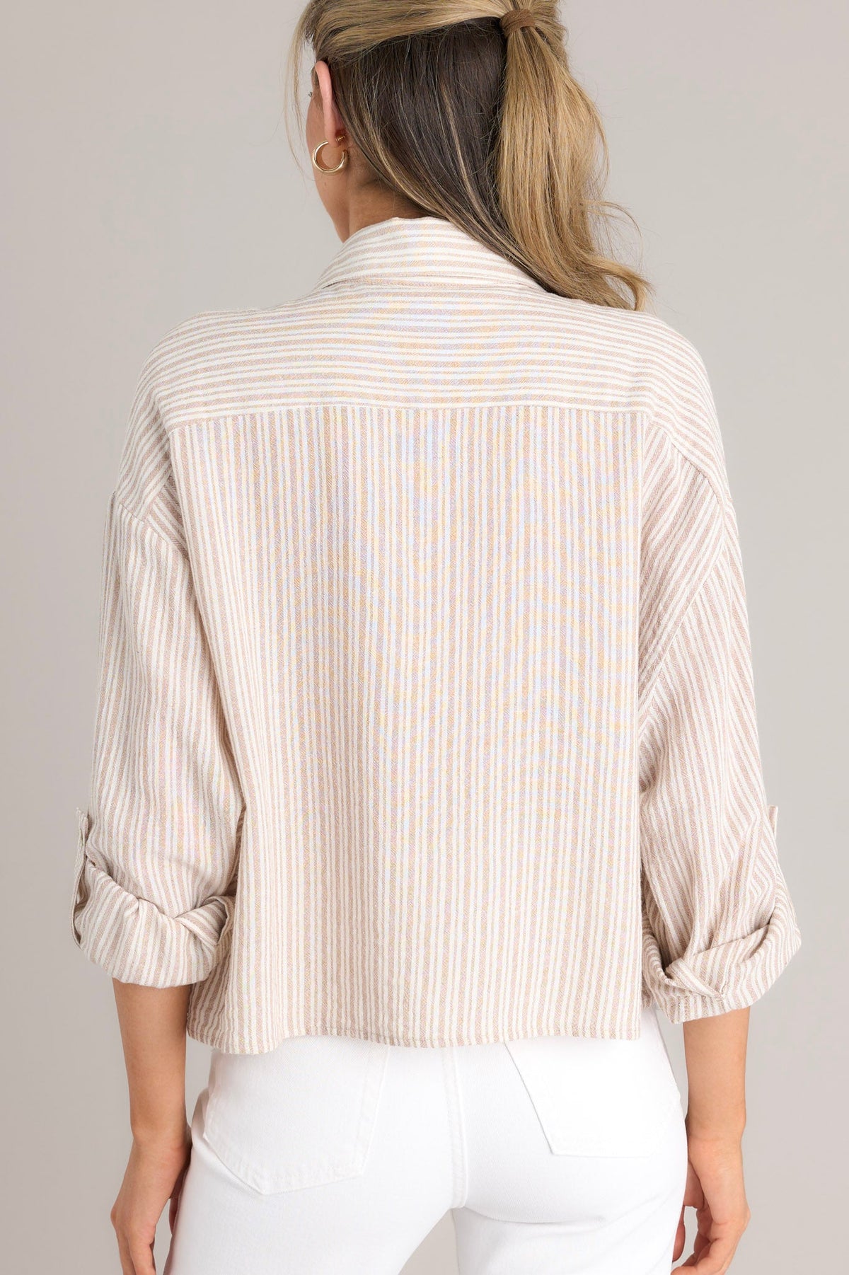 Tan Stripe Button Front Cotton Top - All Tops | Red Dress