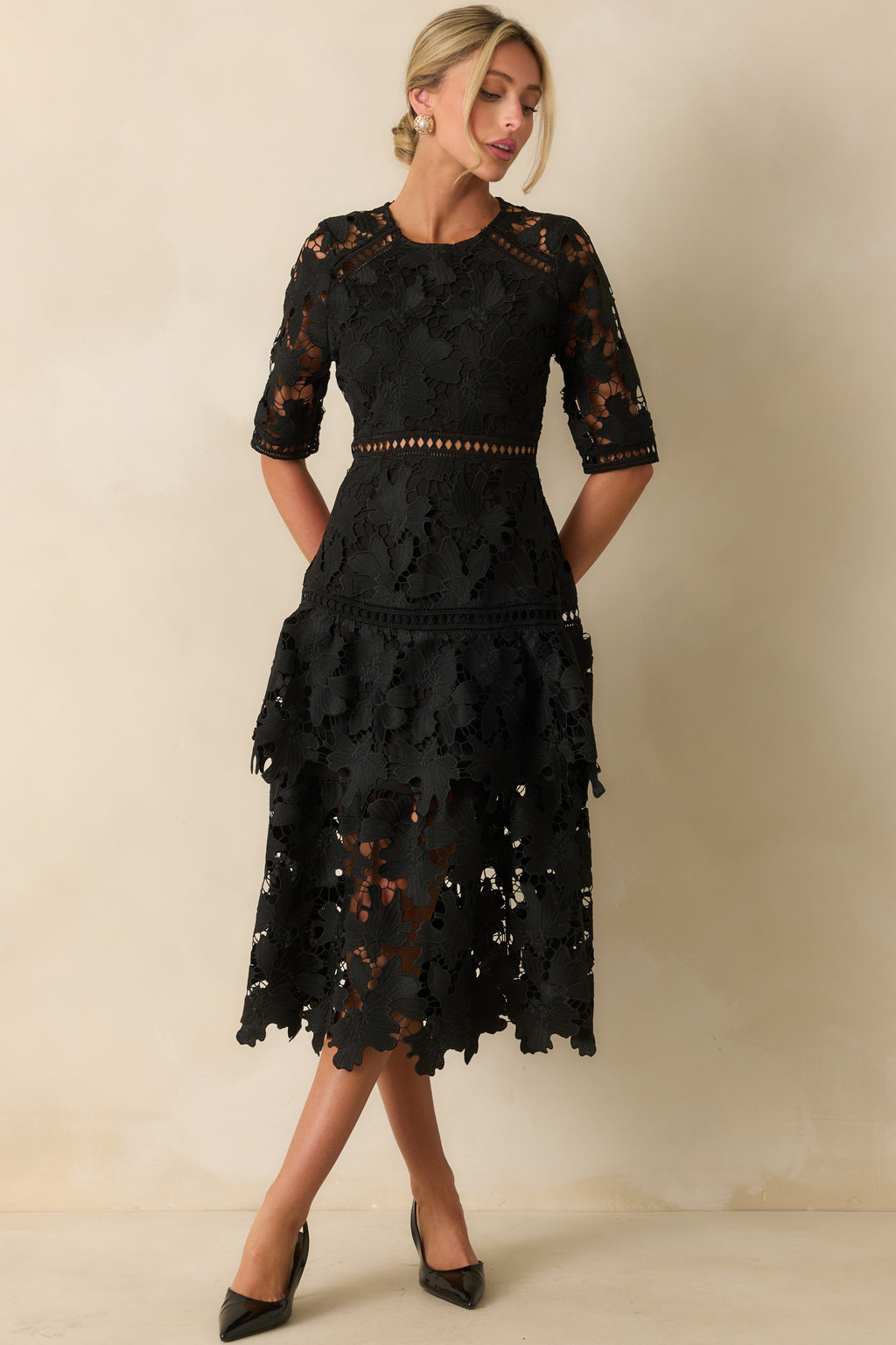 Black Lace Tiered Midi Dress - Event Dresses | Red Dress Black Lace Tiered Midi Dress - Event Dresses | Red Dress