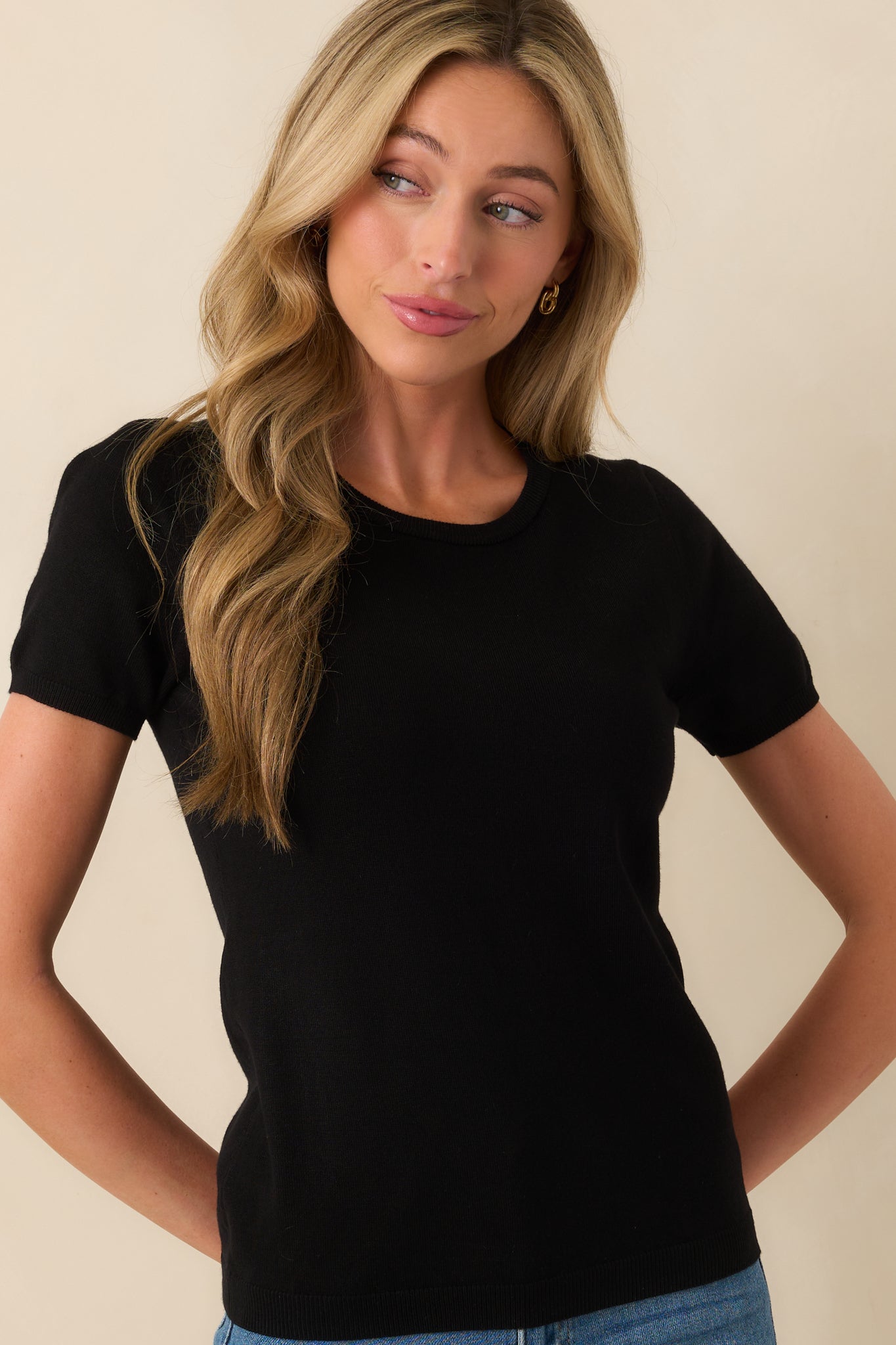 Black Short Sleeve Sweater Top - All Tops | Red Dress