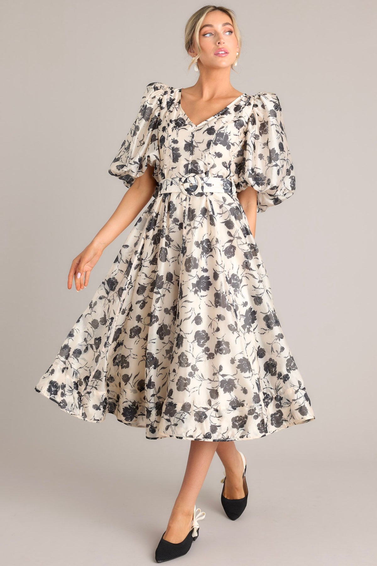 Ivory & Black Floral Belted Midi Dress - All Dresses | Red Dress