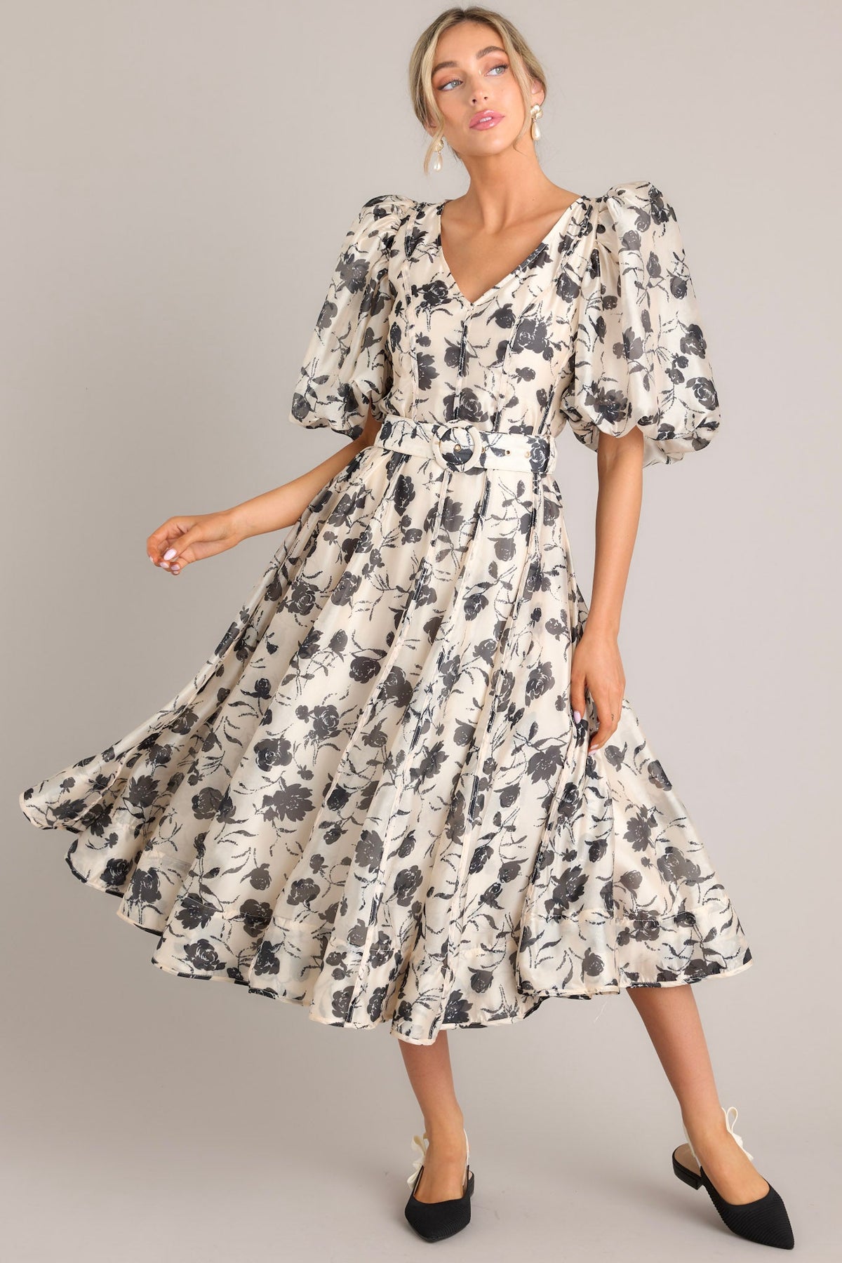 Ivory & Black Floral Belted Midi Dress - All Dresses | Red Dress