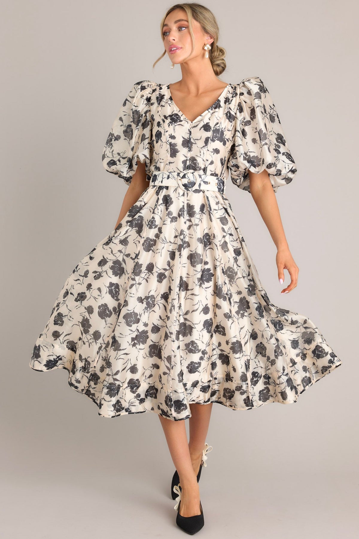 Ivory & Black Floral Belted Midi Dress - All Dresses | Red Dress