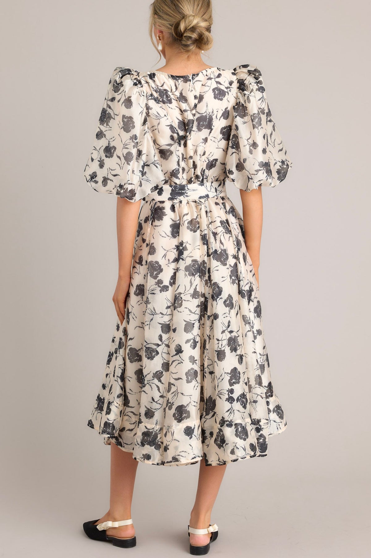 Ivory & Black Floral Belted Midi Dress - All Dresses | Red Dress