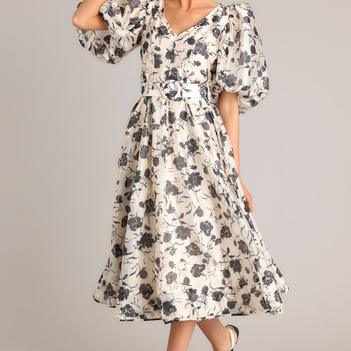Ivory & Black Floral Belted Midi Dress - All Dresses | Red Dress