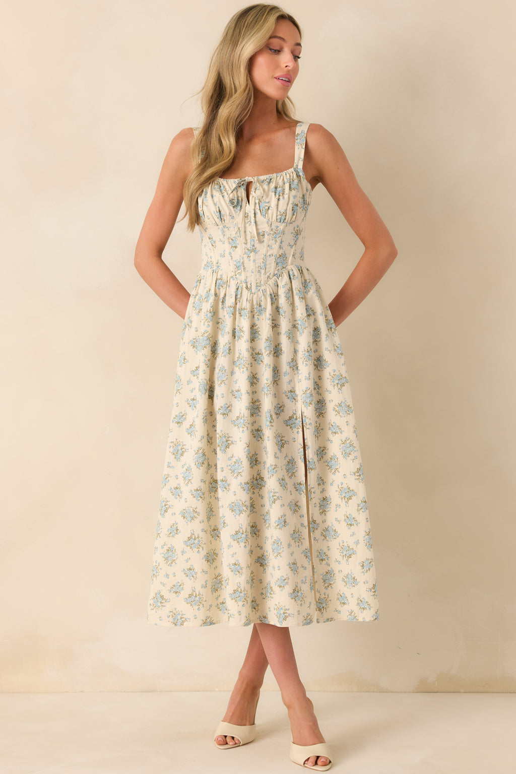 Women's Elegance With Edge Light Blue Floral Print Cotton Midi Dress | Size: S