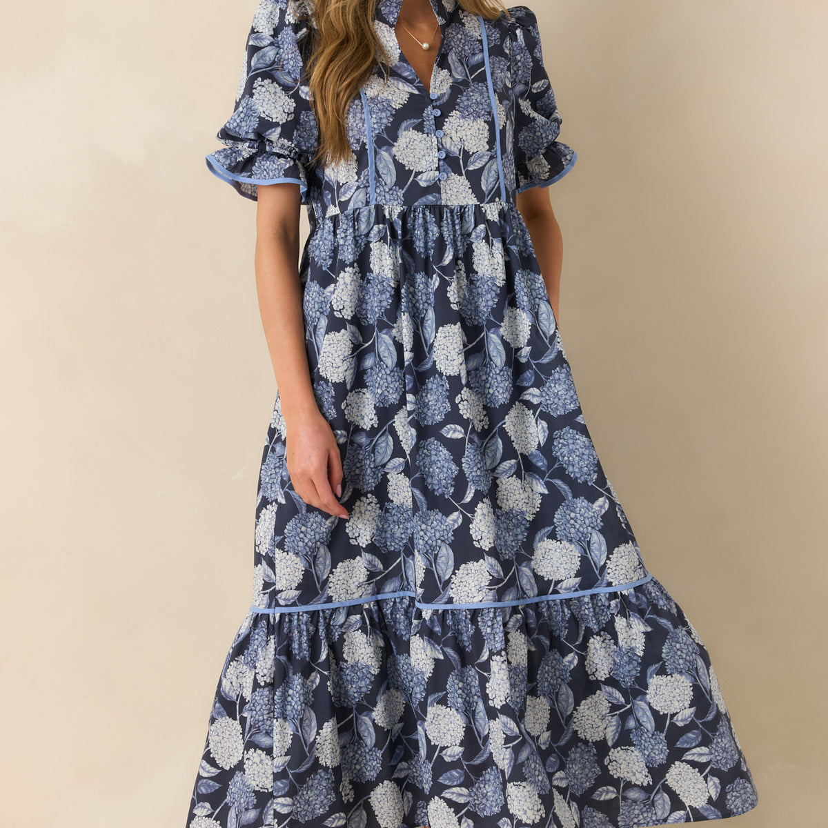 blue and white hydrangea dress Milla Women's Charming Blue Hydrangea-Patterned Organza Midi Dress