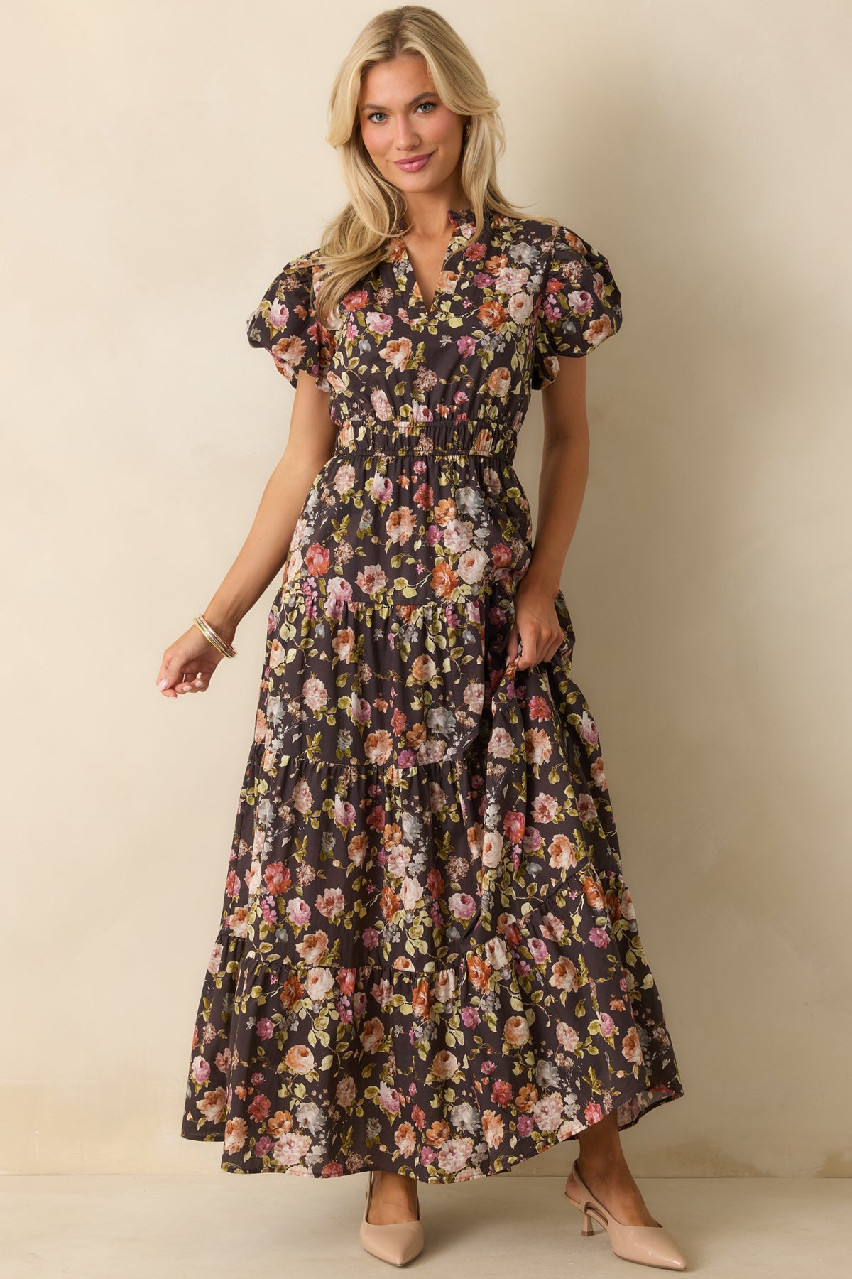 Brown Multi Floral Print Cotton Maxi Dress