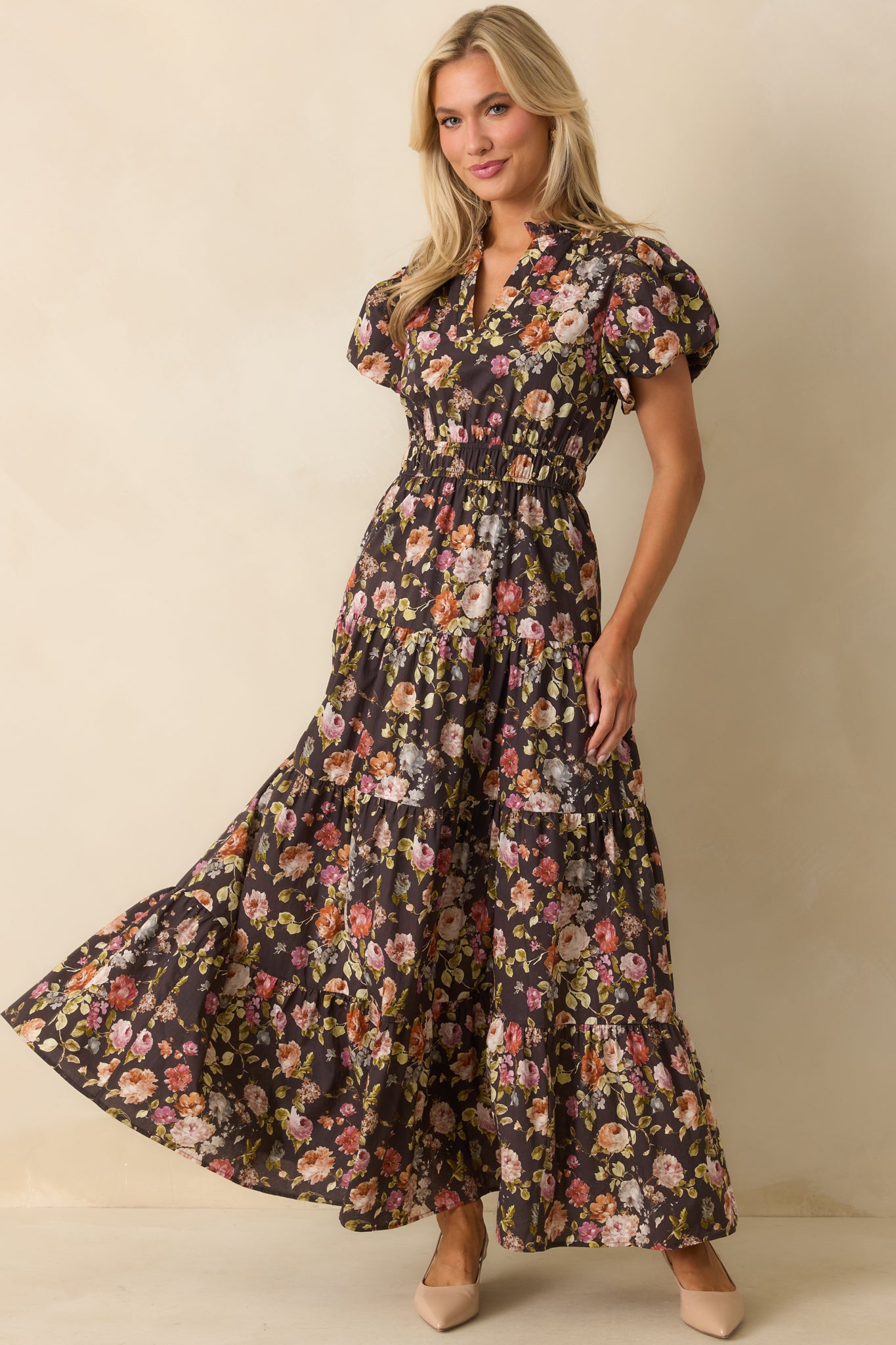 Brown Multi Floral Print Cotton Maxi Dress - All Dresses | Red Dress