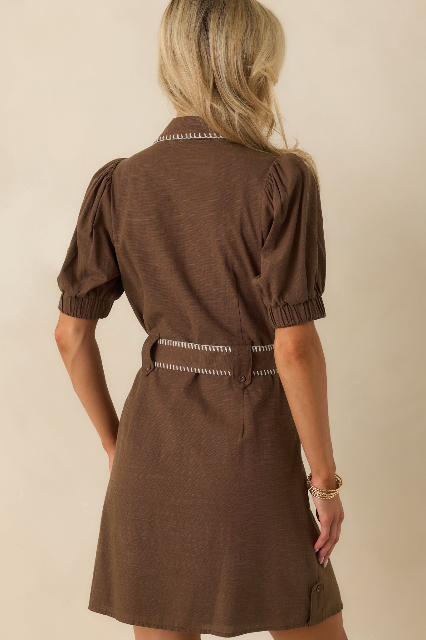 Brown Cotton Belted Mini Dress - Shirt Dresses