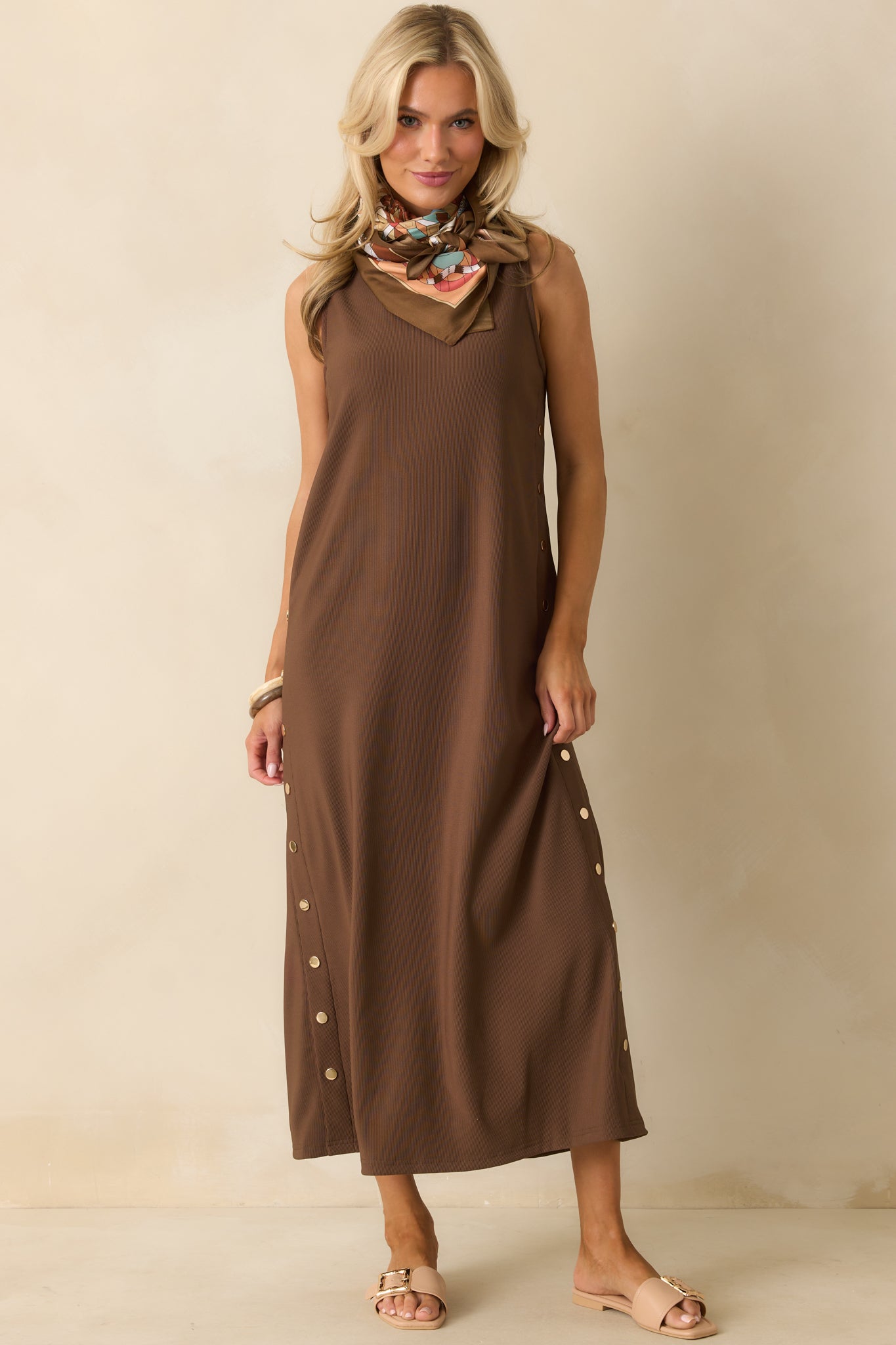 Front angle emphasizing the smooth fabric and flowy maxi length.