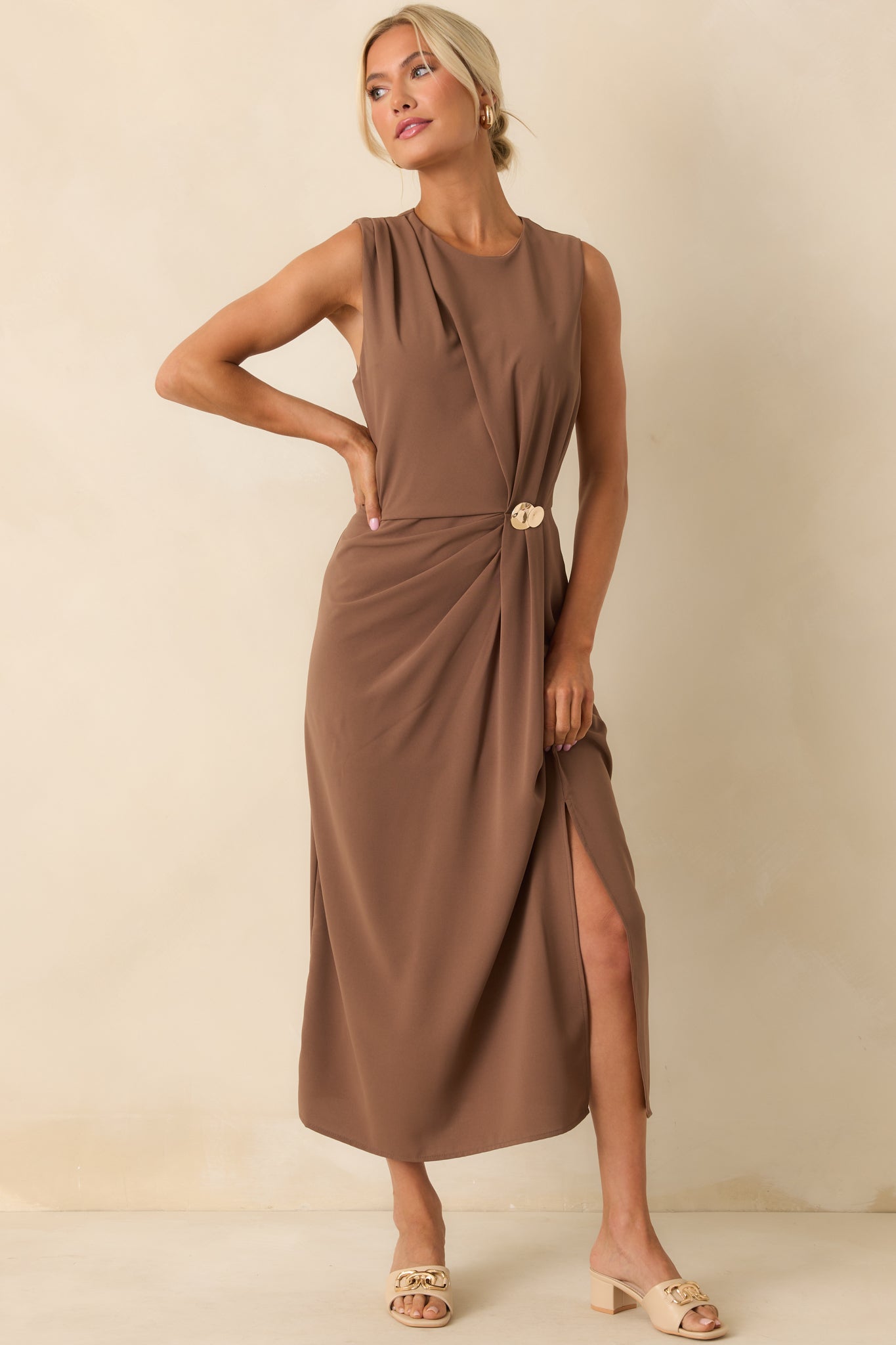 Front-facing image focusing on the natural drape and movement of the fabric around the ruched detail.