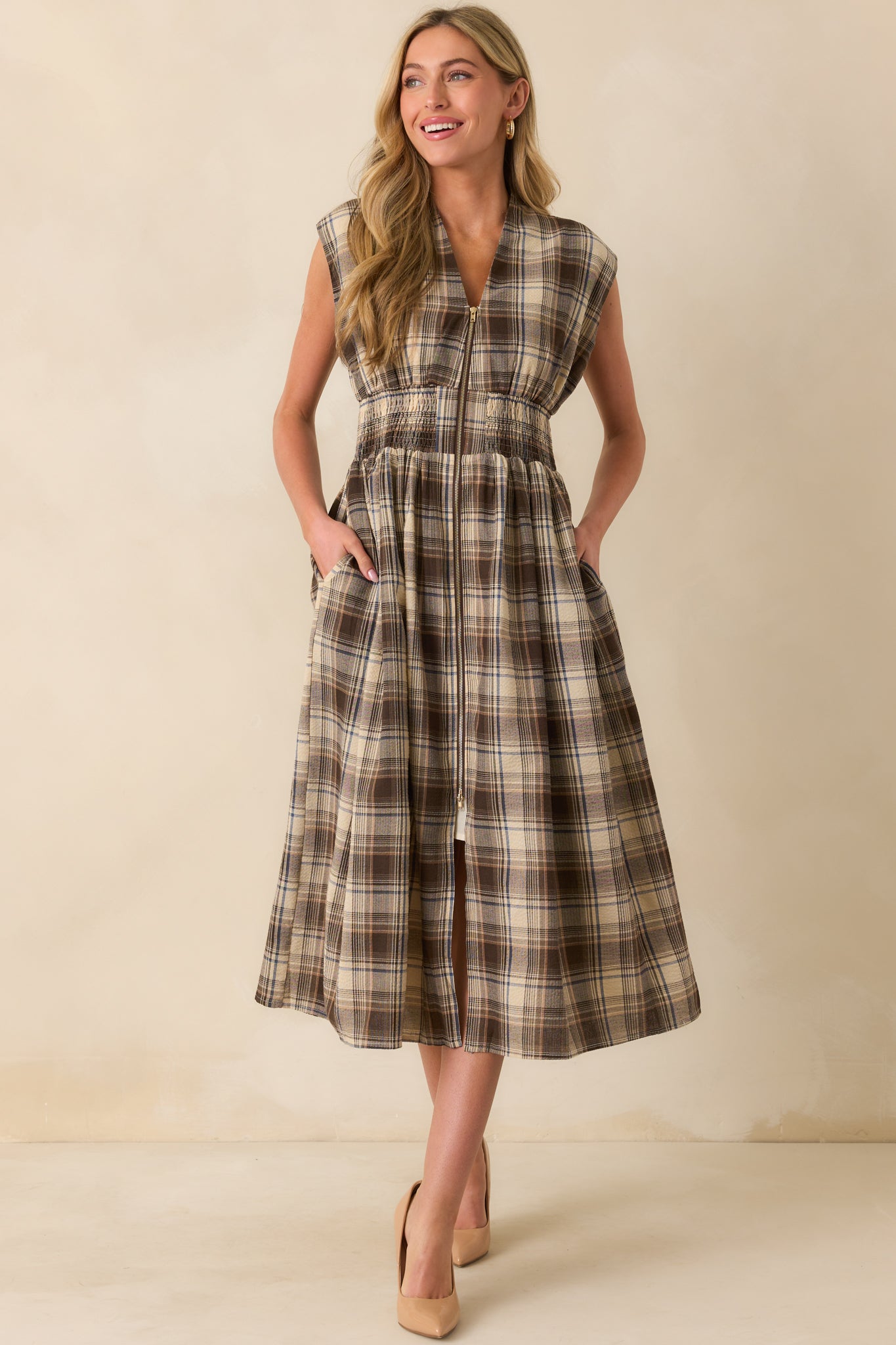 The Evette Mocha Brown Tartan Plaid Cotton Zip Front Midi Dress S / Mocha The Evette Mocha Brown Tartan Plaid Cotton Zip Front Midi Dress S / Mocha