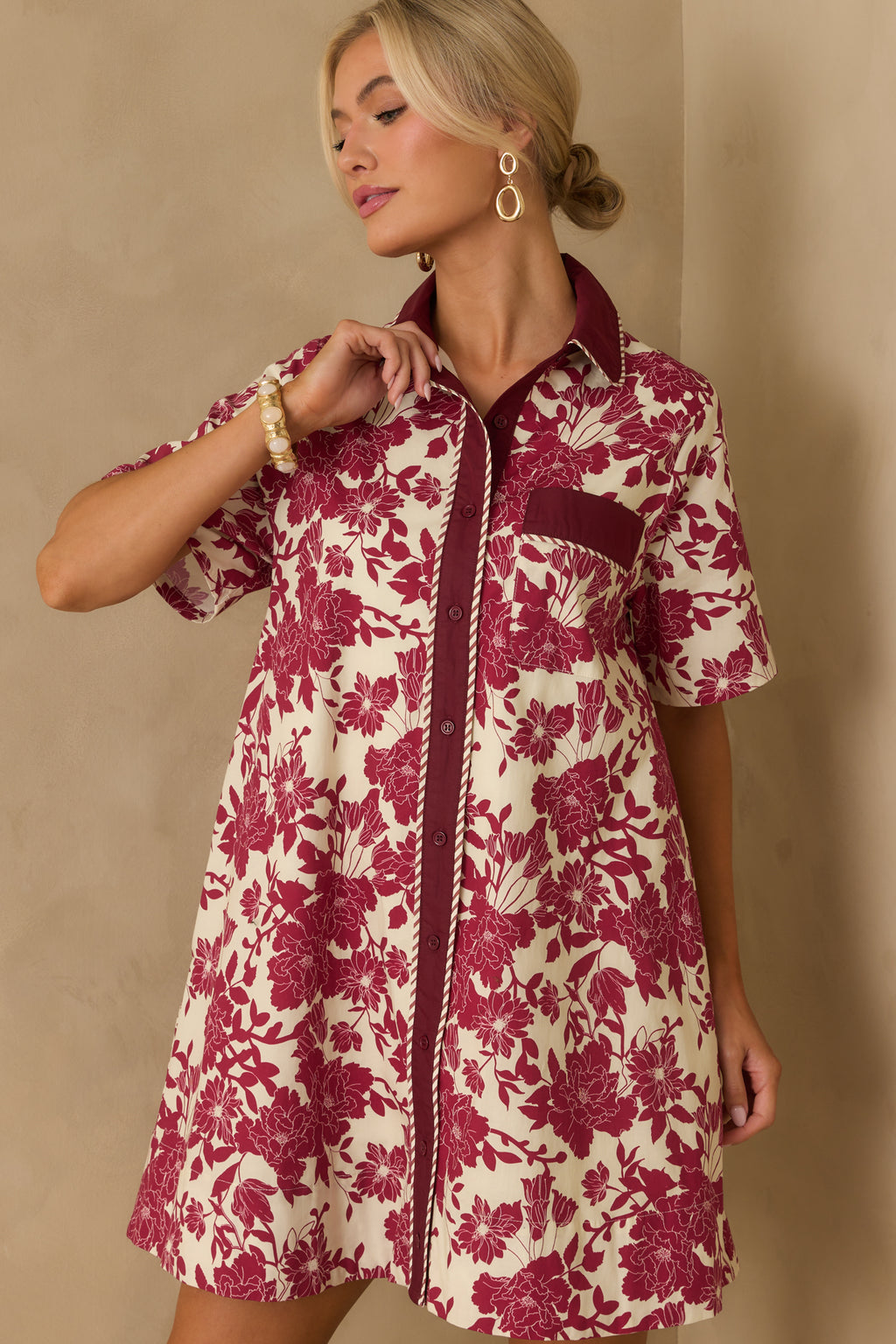 Burgundy Multi Floral Print Mini Shirt Dress - All Dresses