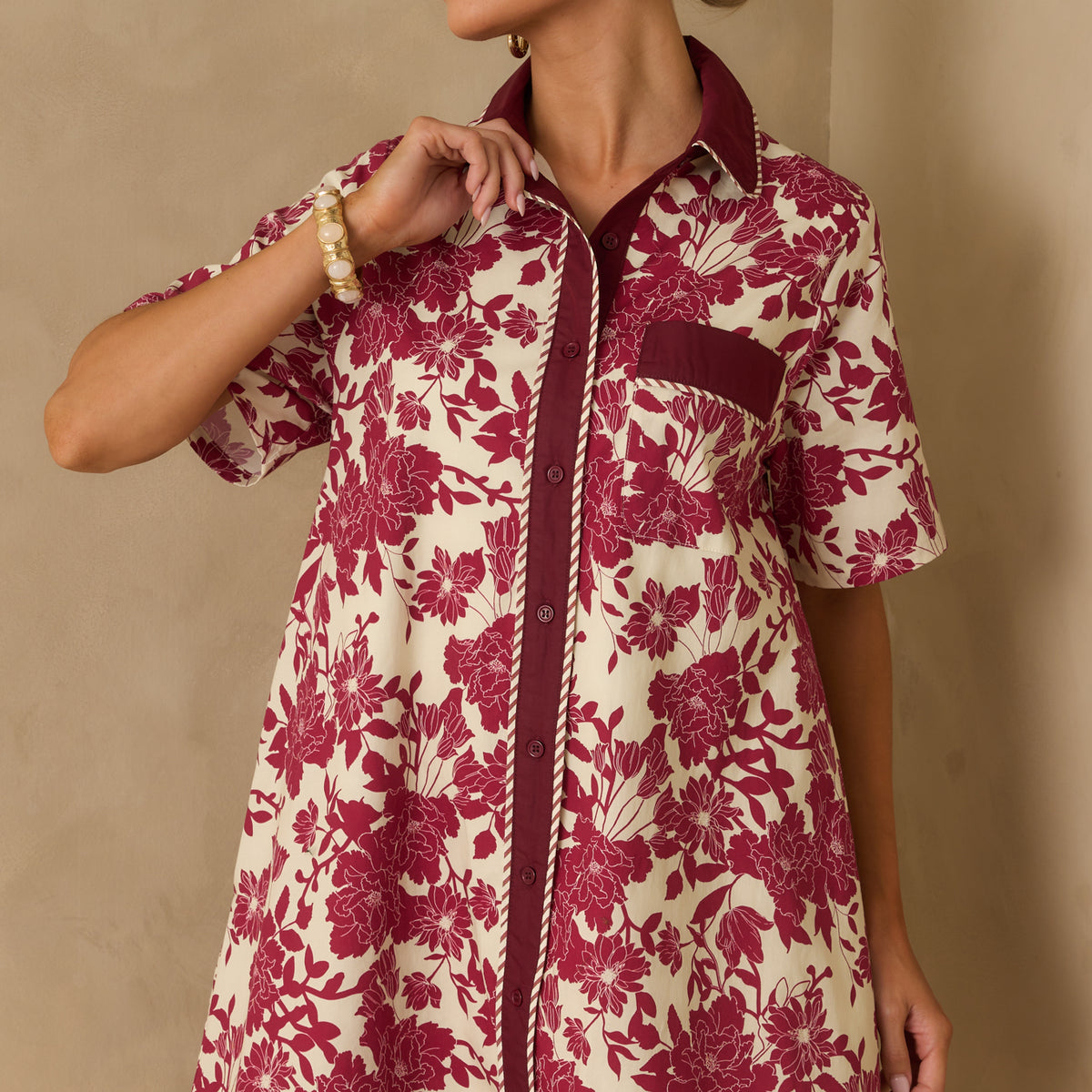 Burgundy Multi Floral Print Mini Shirt Dress - All Dresses