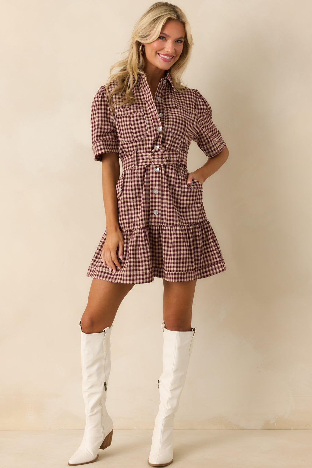 Burgundy Gingham Cotton Shirt Dress - Mini Dresses | Red Dress Burgundy Gingham Cotton Shirt Dress - Mini Dresses | Red Dress