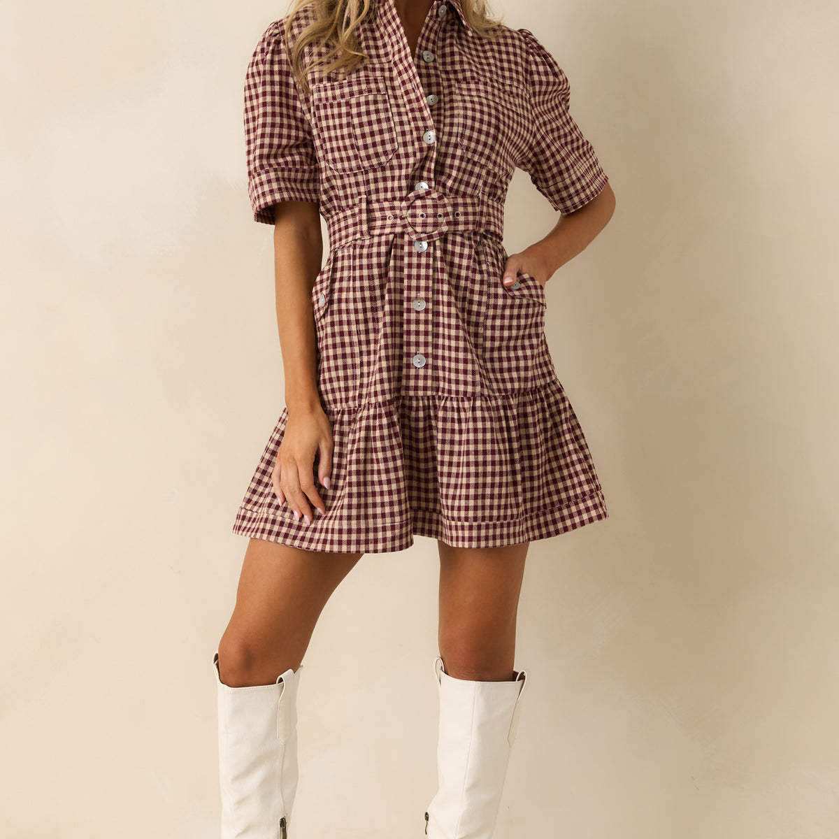 I Hope You Know Burgundy Gingham Cotton Mini Shirt Dress