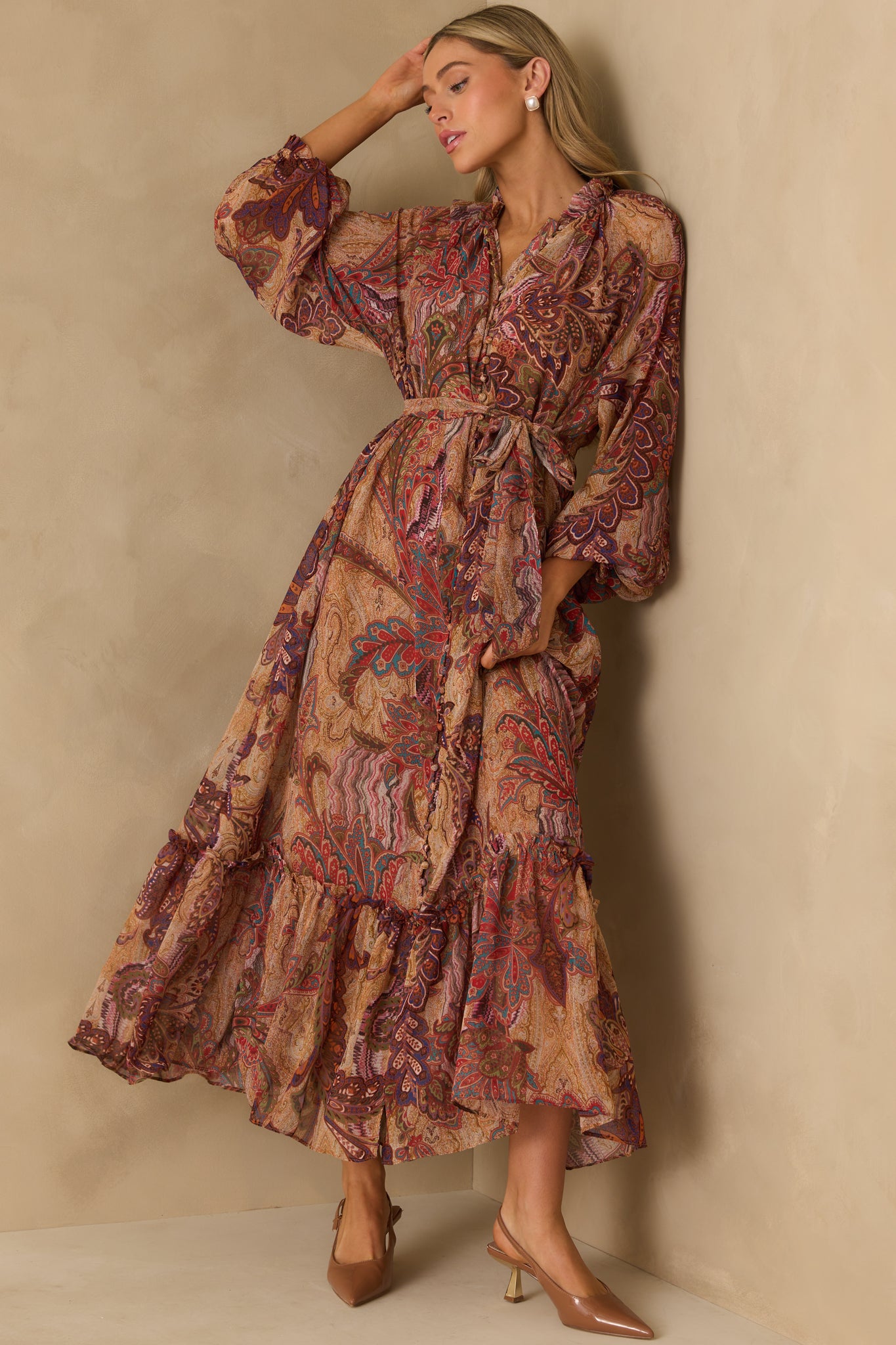 Burgundy paisley dress with detachable tan slip, featuring round neckline and tiered skirt details.