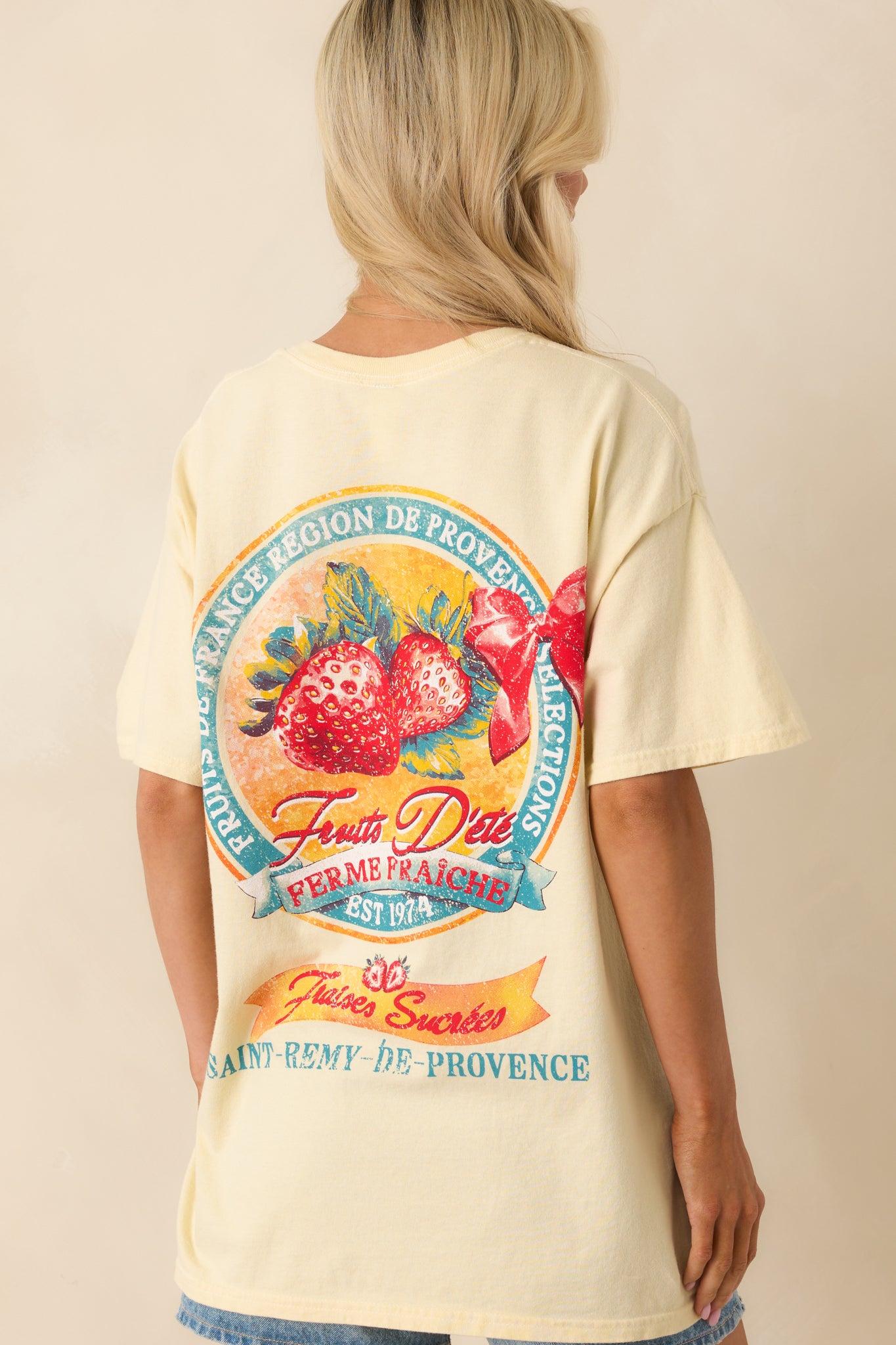 A complete back view of the tee displaying a large worn strawberry graphic centered across the upper back.