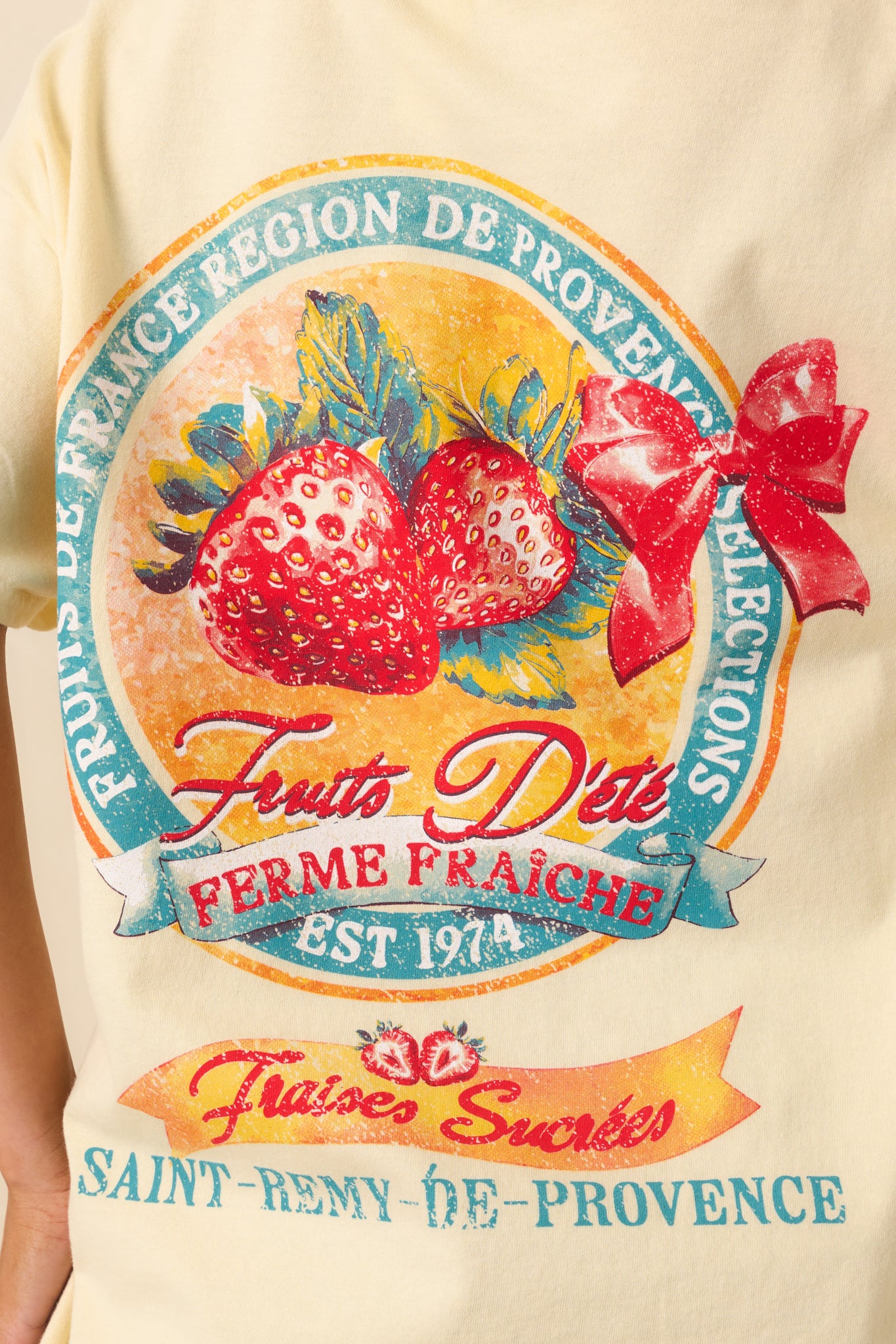 A zoomed-in back image focusing on the upper back graphic with visible wear details and soft fade on the butter yellow background.