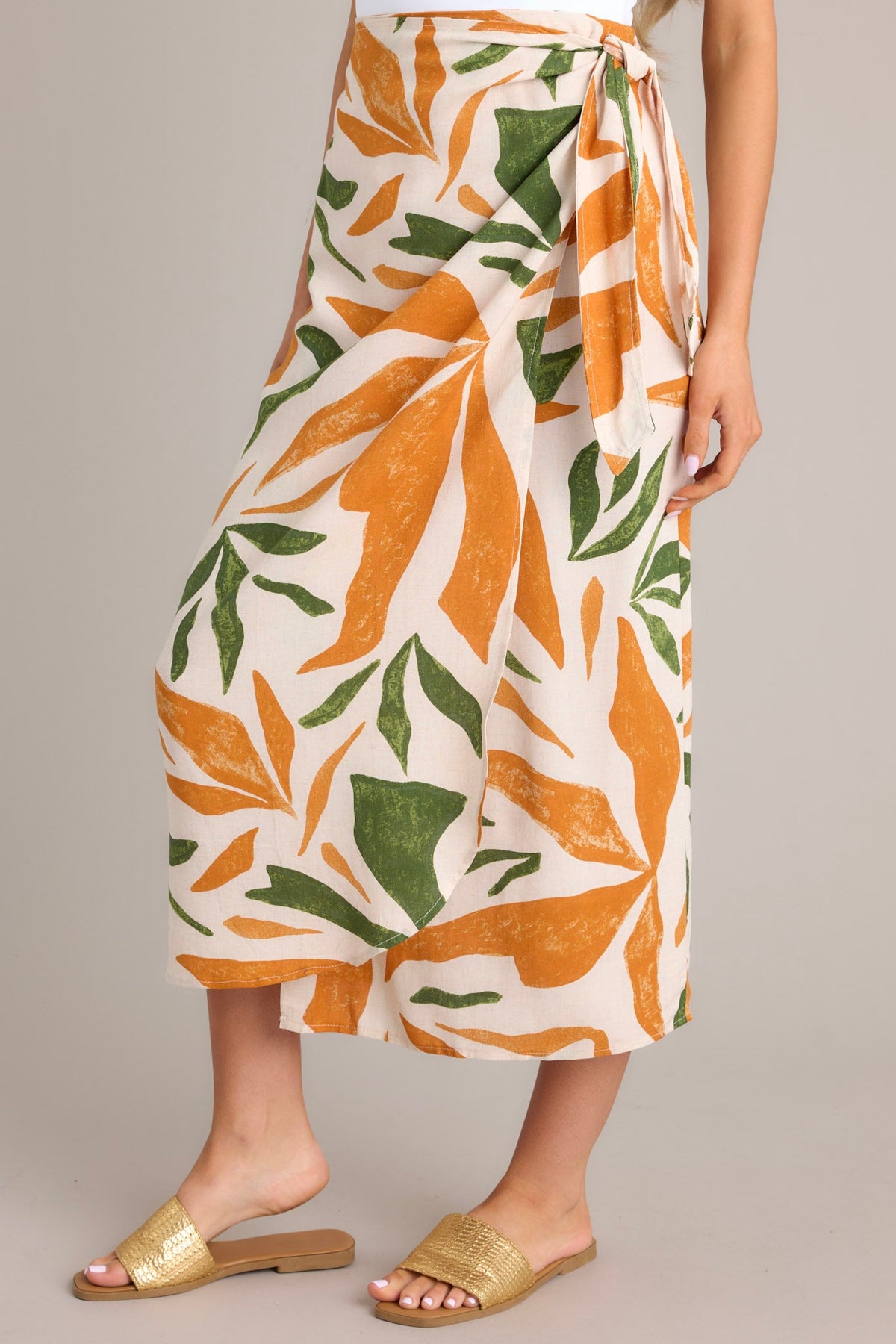 Beige Tropical Print Midi Wrap Skirt - All Skirts | Red Dress