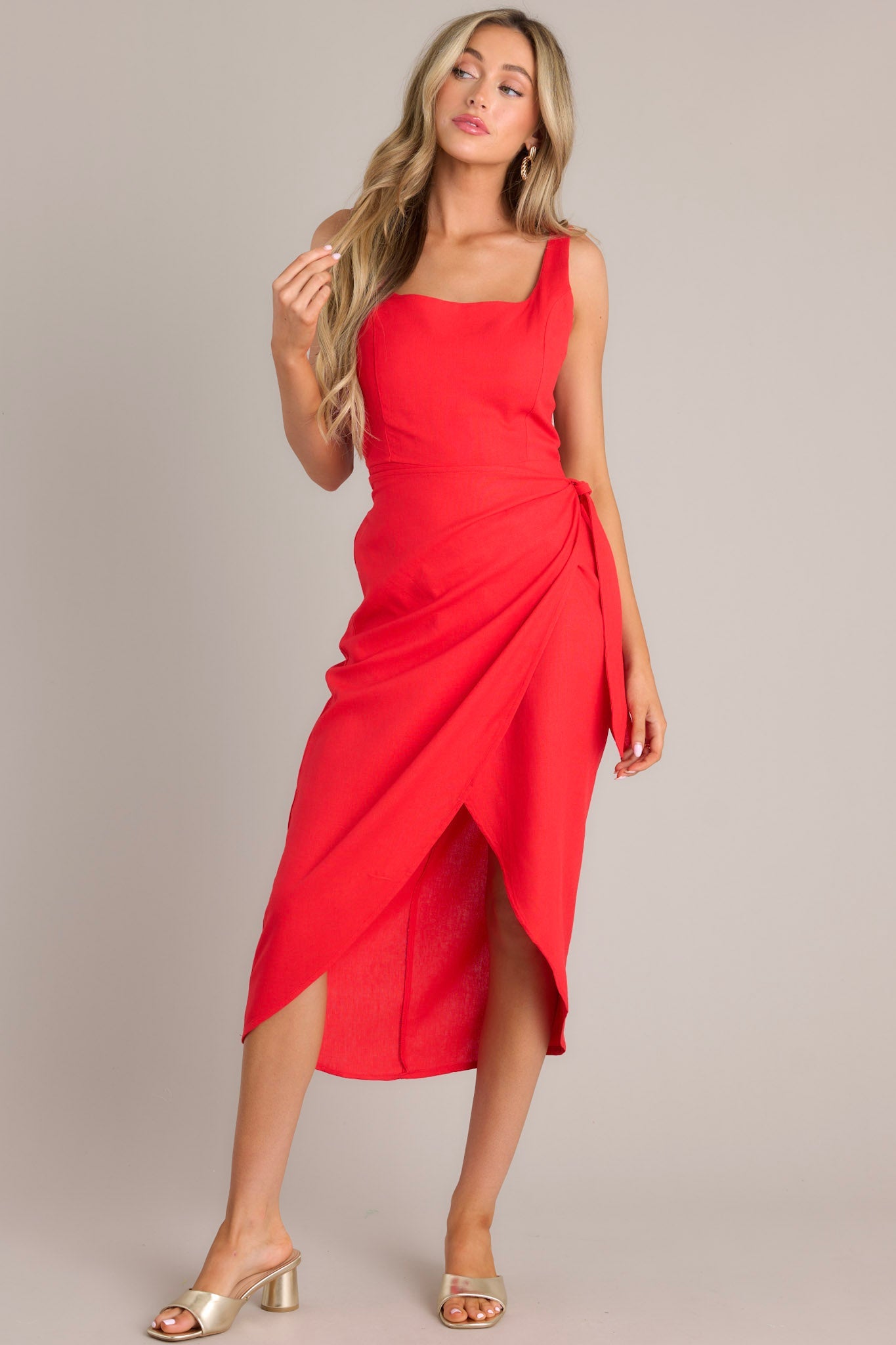 Linen & Cotton Blend Red Midi Wrap Dress