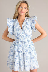 Castles Crumbling Blue Toile Ruffle Dress - Red Dress