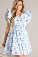 Castles Crumbling Blue Toile Ruffle Dress - Red Dress