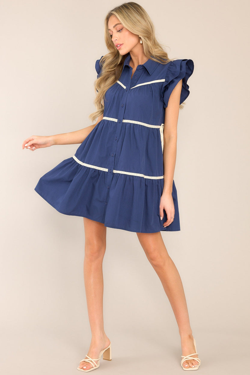 Navy Button Front Mini Tunic Dress with Ric-Rac Inlay main image 1