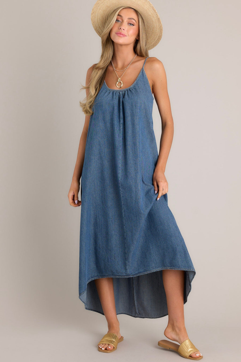 Medium Wash Denim Asymmetrical High Low Dress- All Dresses | Red Dress Medium Wash Denim Asymmetrical High Low Dress- All Dresses | Red Dress