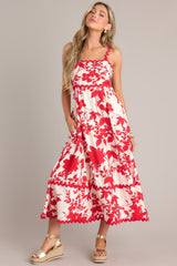 Cherry Blossom Bliss Red Floral Midi Dress (BACKORDER MAY) - Red Dress