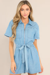 Choose Happiness Chambray Short Sleeve Romper - Red Dress