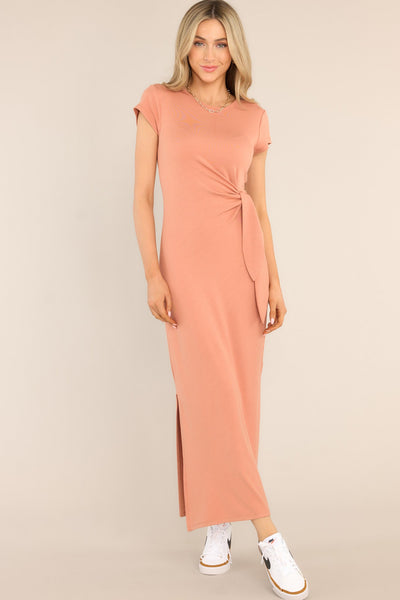 women off shoulder midi dress apricot Casual Apricot Short Sleeve Dress - Maxi Dresses