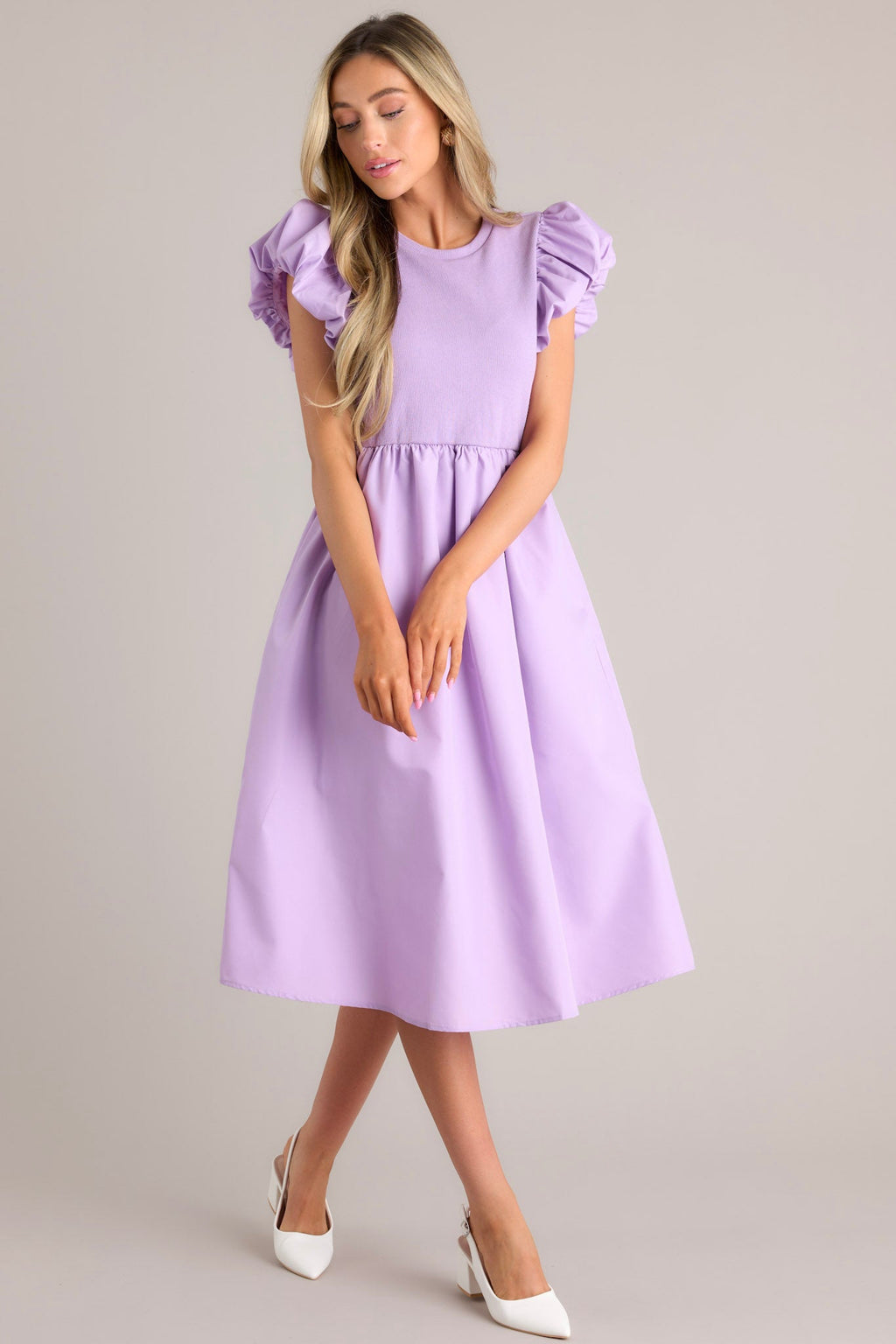 Lavender Lace Belted Midi Shirt Dress – Elegant Button Front Dress main image 1