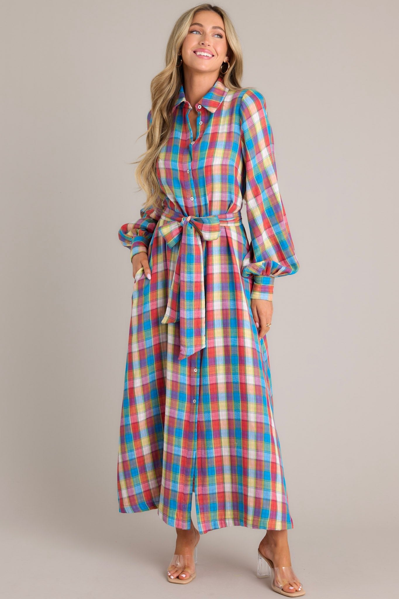 plaid maxi dress long sleeve Dressed in Lala Women's Dressed - Blue Opaque Stretch Plaid Maxi Dress For Women