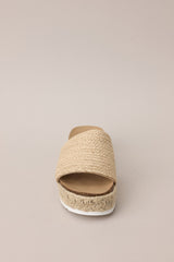 Front view of these natural sandals with rounded toe, slip-on design, strap over foot, espadrille detailing, textured sole.